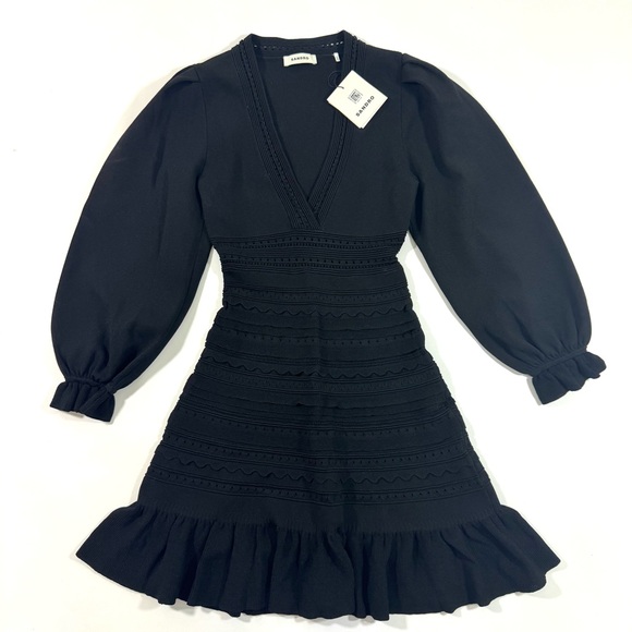 New Sandro Knit Short Dress Ruffles Black - Picture 3 of 10